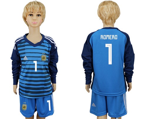 Argentina #1 Romero Blue Long Sleeves Goalkeeper Kid Soccer Country Jersey